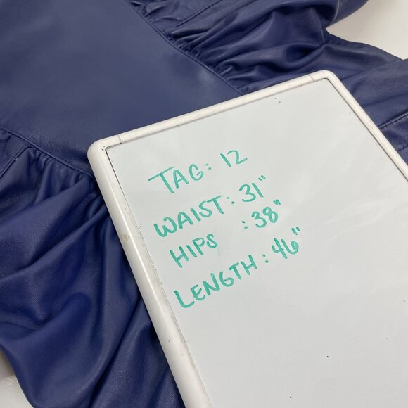 80s Glam Womens Real Leather Dress Navy Blue Ruched Size 9 Glam Rock Dress - Picture 6 of 16